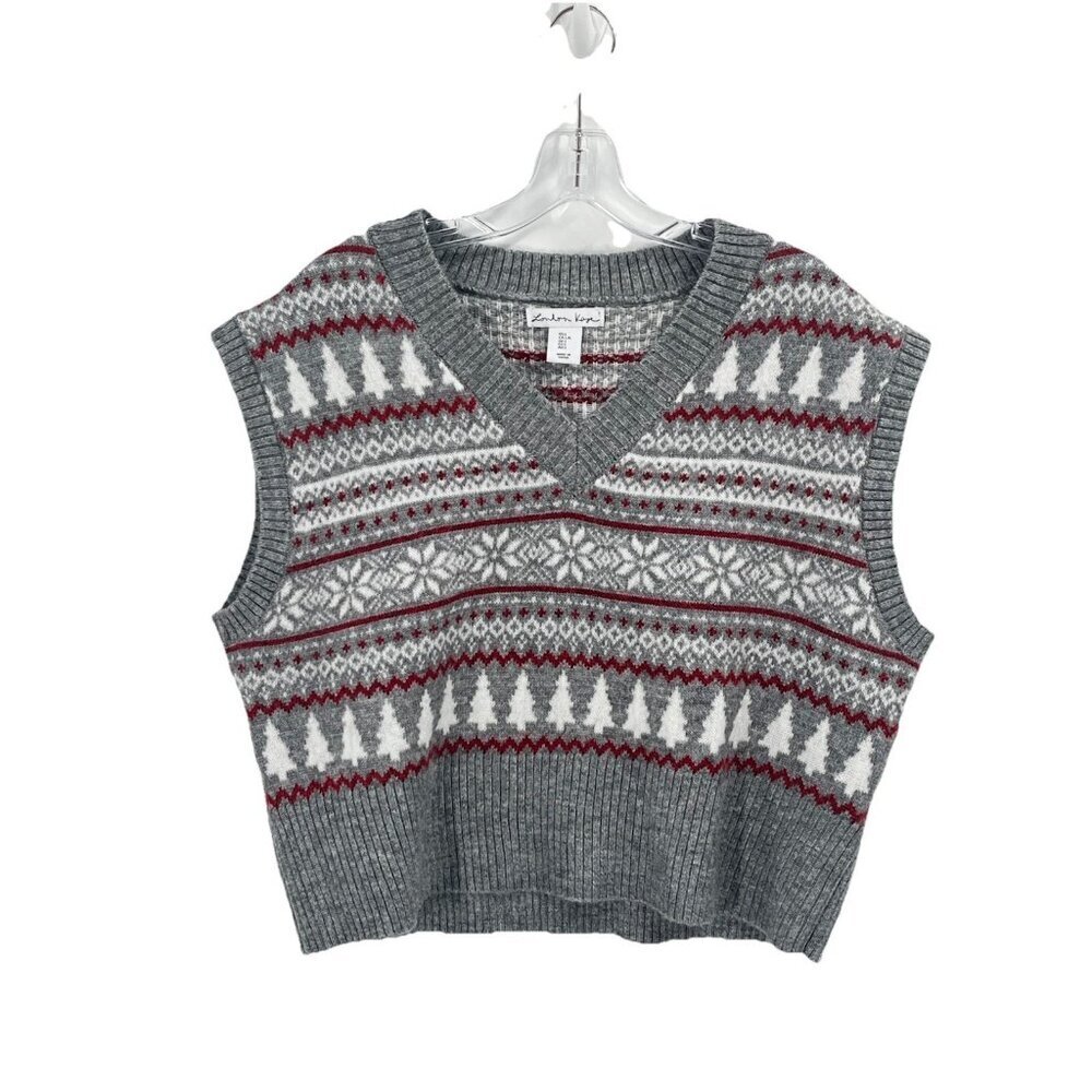 London Kaye Sweater Vest Gray Cropped Sz Large Fair Isle Nordic